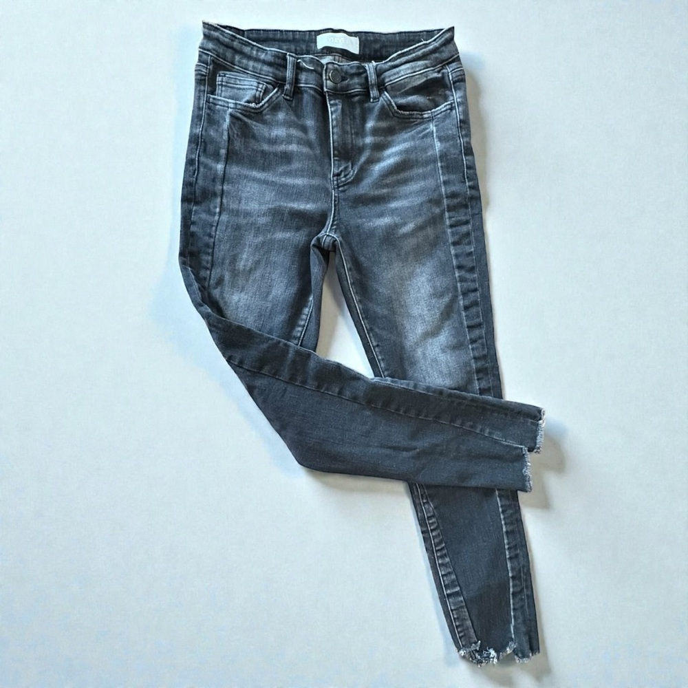 Vervet Jeans 28 Raw Split Flare Hems High Rise Charcoal Wash Distressed Stretch - Picture 11 of 11